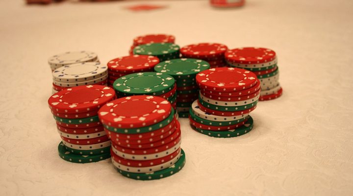 Stacks of red and green casino chips