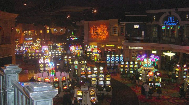 Casino floor lined with slot machines